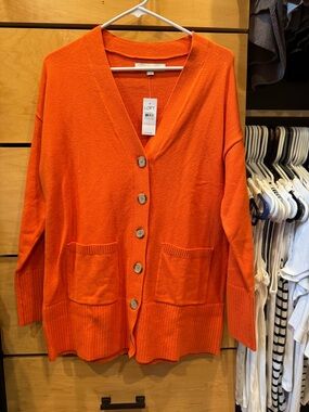 LOFT Bright Orange Button-Up V-Neck Cardigan